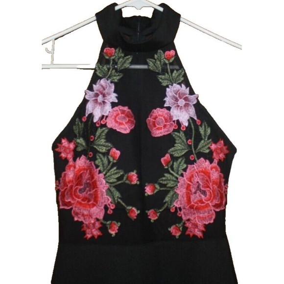 B Darlin Black Halter Neck Sheer Fitted Sheath Bodycon Cocktail Dress Sz S Roses - Picture 2 of 6